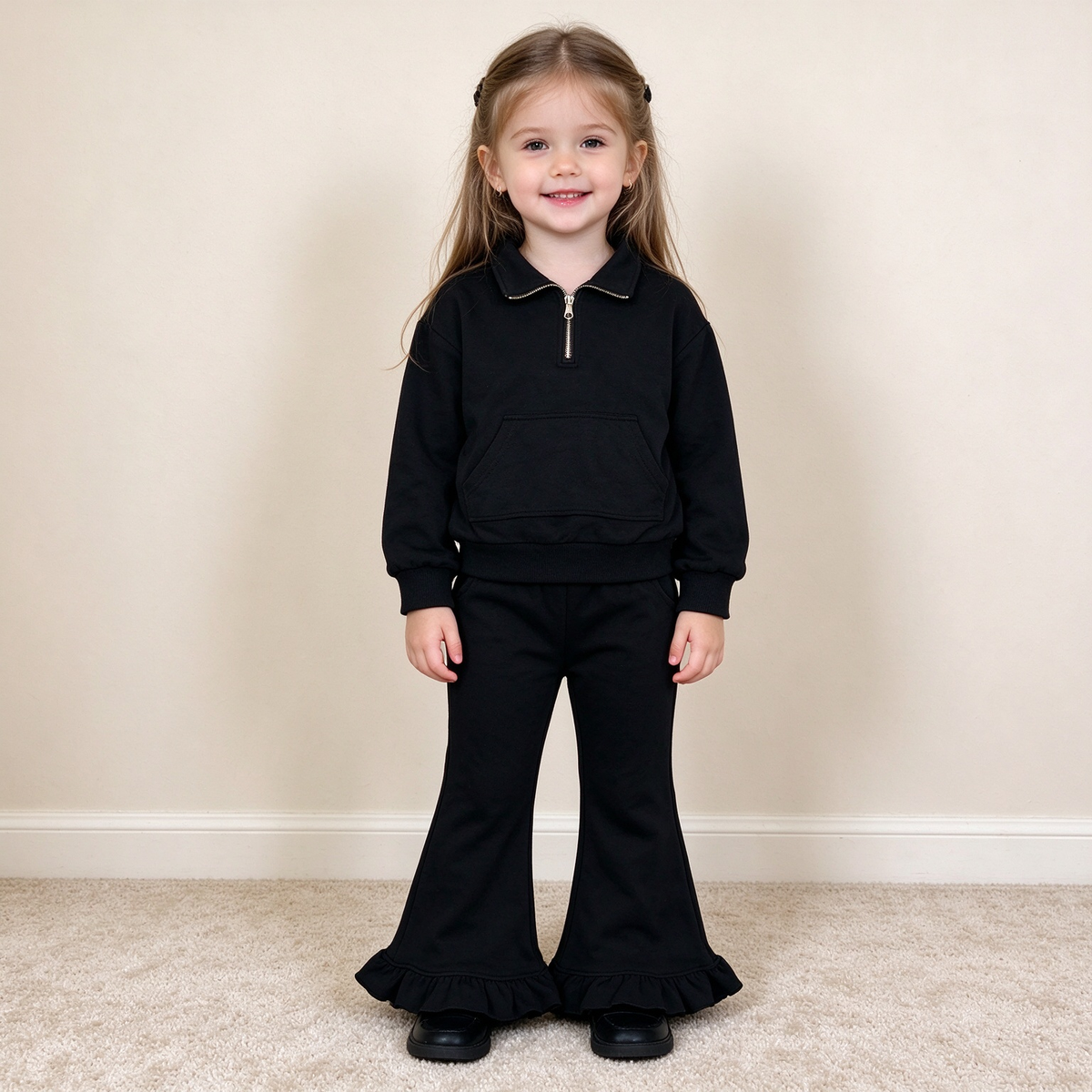 NEW RTS NO MOQ Sweater Fabric （GT1764+P1072） Baby Girls Black Long Sleeve Sweater Fabric Zip Pockets Pullovers Top pant set