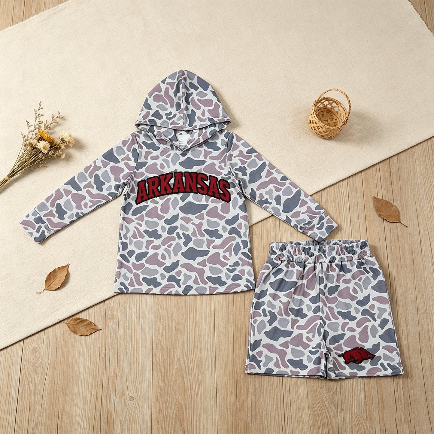 NEW RTS NO MOQ milk silk BLS0046 Baby Boys Light Grey Camo Arkansas Long Sleeve Hoodie Pockets Short Team Clothes Set