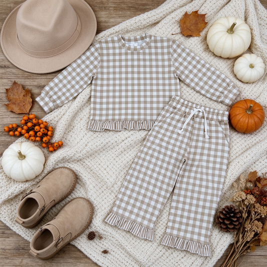 NEW RTS NO MOQ milk silk GLP3674 Baby Girls Long Sleeve Khaki Checked Top Pockets Ruffle Pant Clothes Set