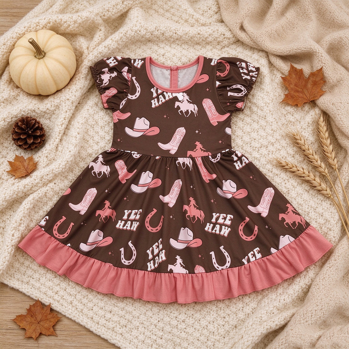 NEW RTS NO MOQ milk silk GSD0748 Baby Girls Boots Yee Haw Western Ruffle Knee Length Dresses