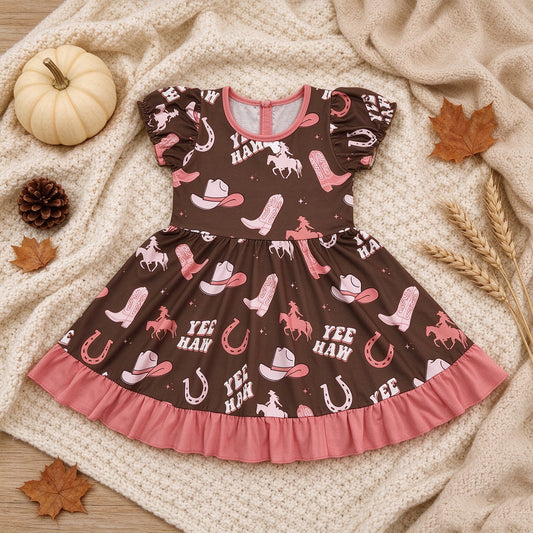NEW RTS NO MOQ milk silk GSD0748 Baby Girls Boots Yee Haw Western Ruffle Knee Length Dresses