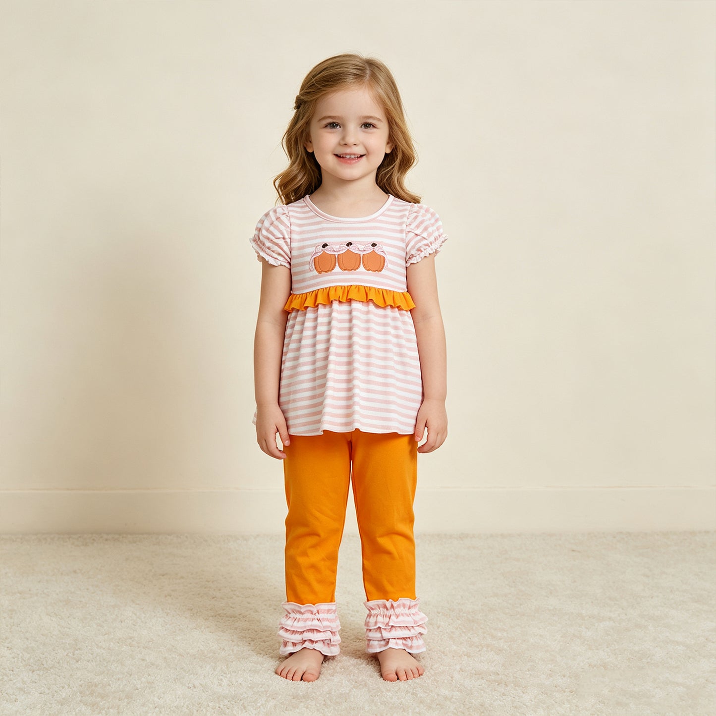 NEW RTS NO MOQ milk silk GSPO2337 Embroidery Bow Pumpkins Baby Girls Stripe Tunic Ruffle Pant Fall Clothes Sets