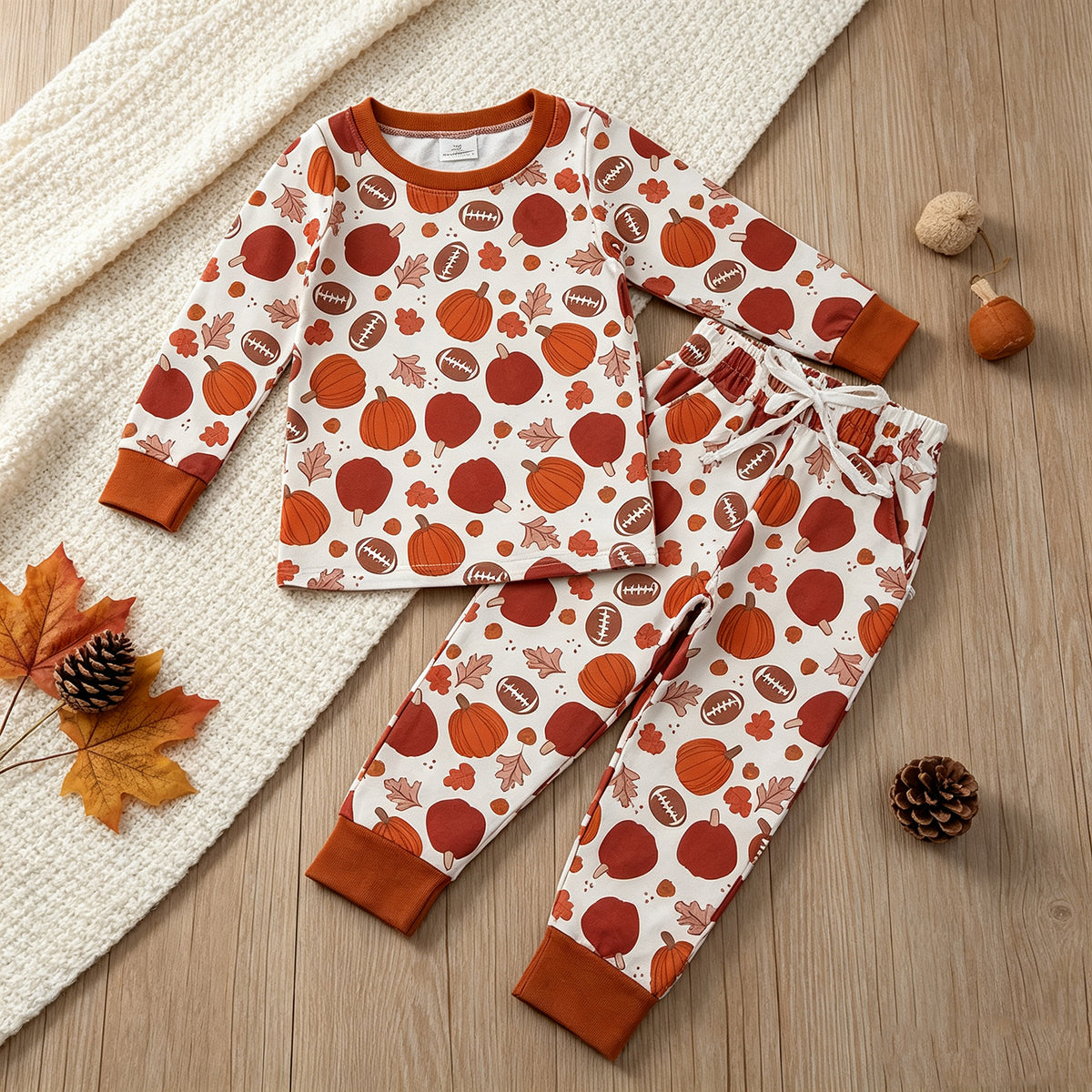 NEW RTS NO MOQ milk silk BLP1539 （BT1928+P1197）Baby Boys Football Pumpkins Leaves Top Pockets Joggers Fall Clothes Set