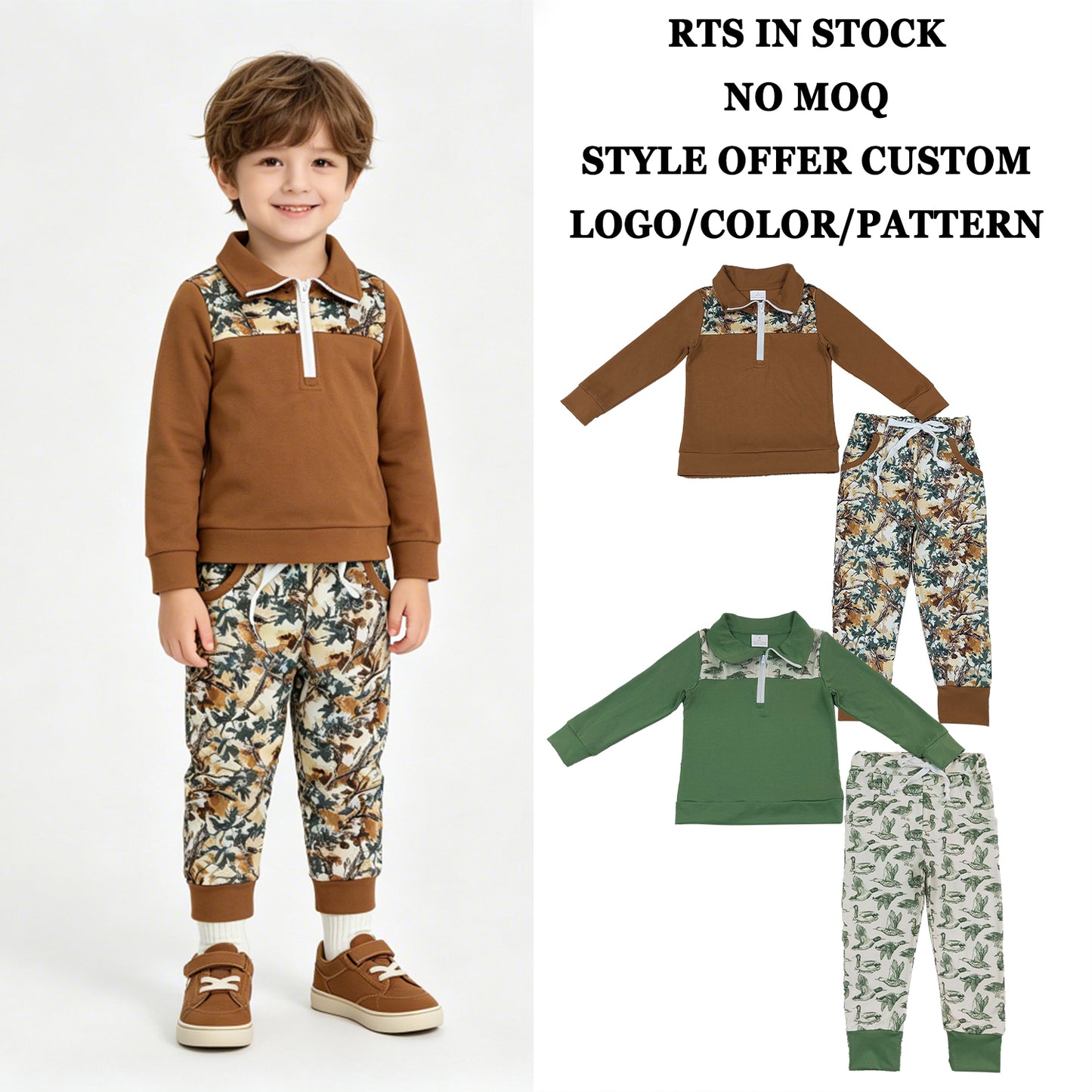 RTS NO MOQ Sibling milk silk Baby Boys Long Sleeve Camo Zip Pullover Pockets Jogger Hunting Clothes Sets