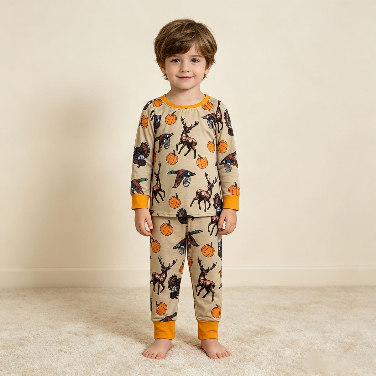 NEW RTS NO MOQ milk silk BLP1556 Baby Boys Pumpkins Ducks Turkey Top Pant Thanksgivings Pajamas Set