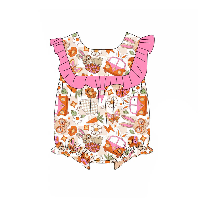 X11.15Preorder (moq 5)Baby Girls Rabbits Eggs Flowers Easter Ruffle Rompers