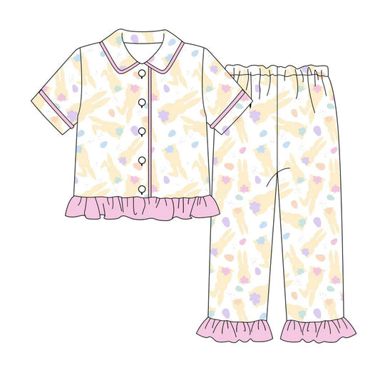X920 Preorder (moq 5)Baby Girls Yellow Rabbits Button Top Ruffle Pants Easter Pajamas Sets