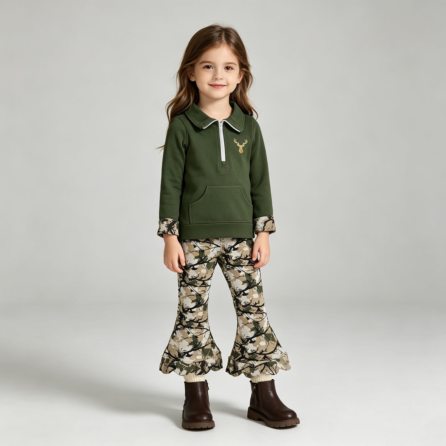 NEW RTS NO MOQ milk silk GLP3369（GT1694+P1035） Embroidery Baby Girls Green Deer Embroidery Zip Pocket Top Scallop Pants Casual Outfit Sets