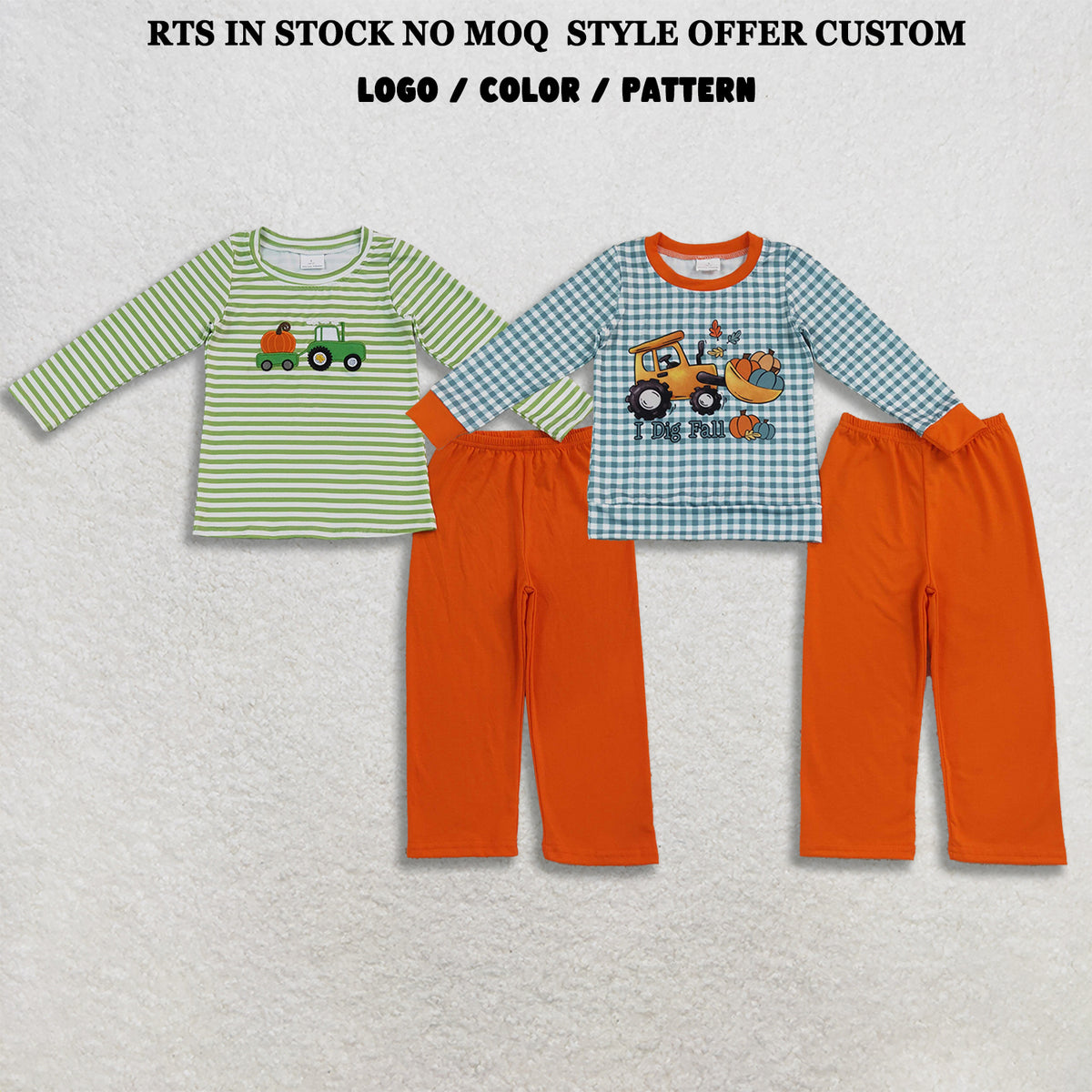 RTS NO MOQ Sibling milk silk Embroidery Pumpkin Truck Baby Boys Stripe Top Pant Fall Clothes Sets