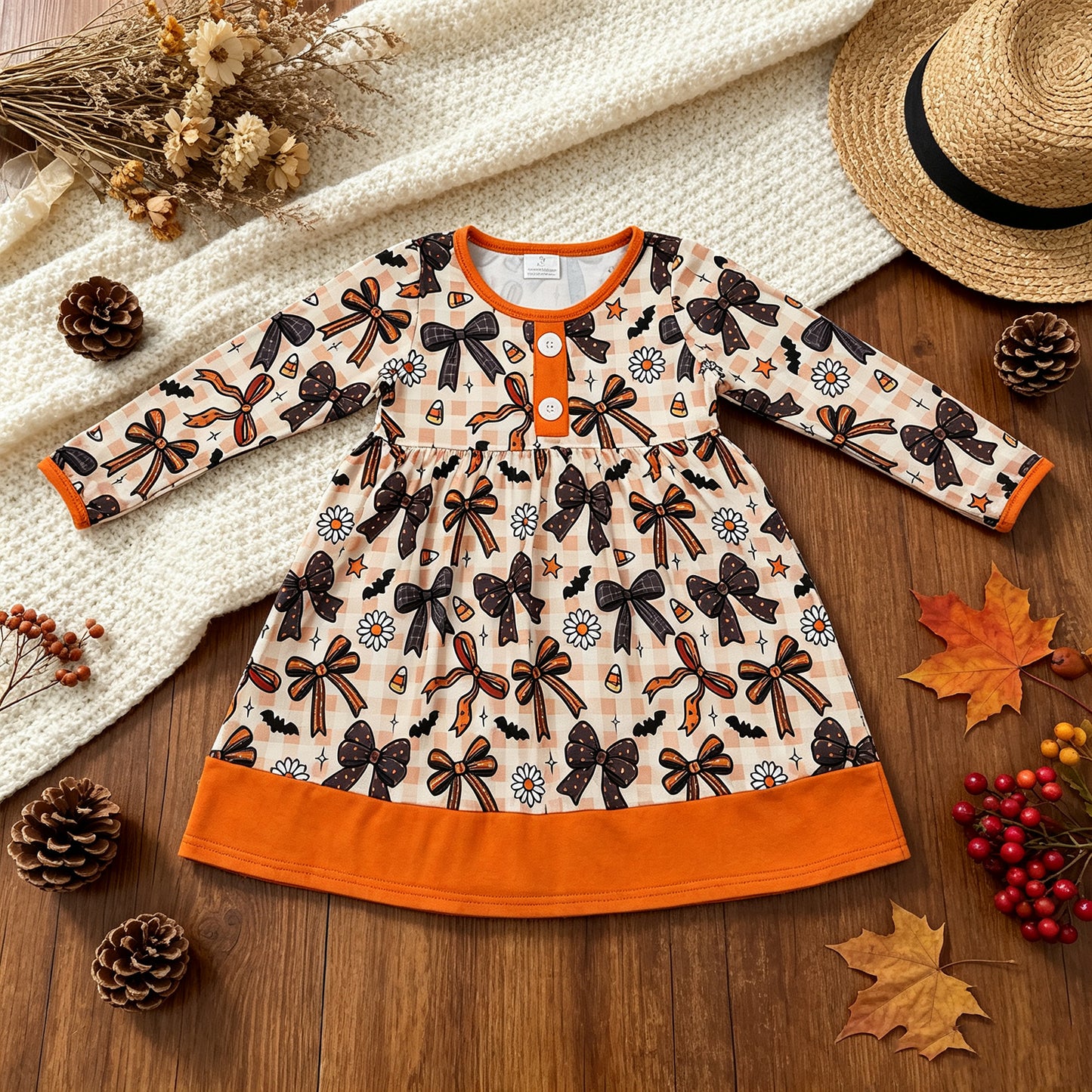 NEW RTS NO MOQ milk silk GLD1708 Baby Girls Halloween Floral Print Button Front Ruffle Hem Knee Length Dress