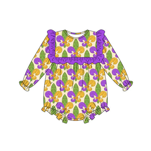 X927Preorder (moq 5)Baby Girls Purple Yellow Green Mardigras Ruffle Sleeve Rompers