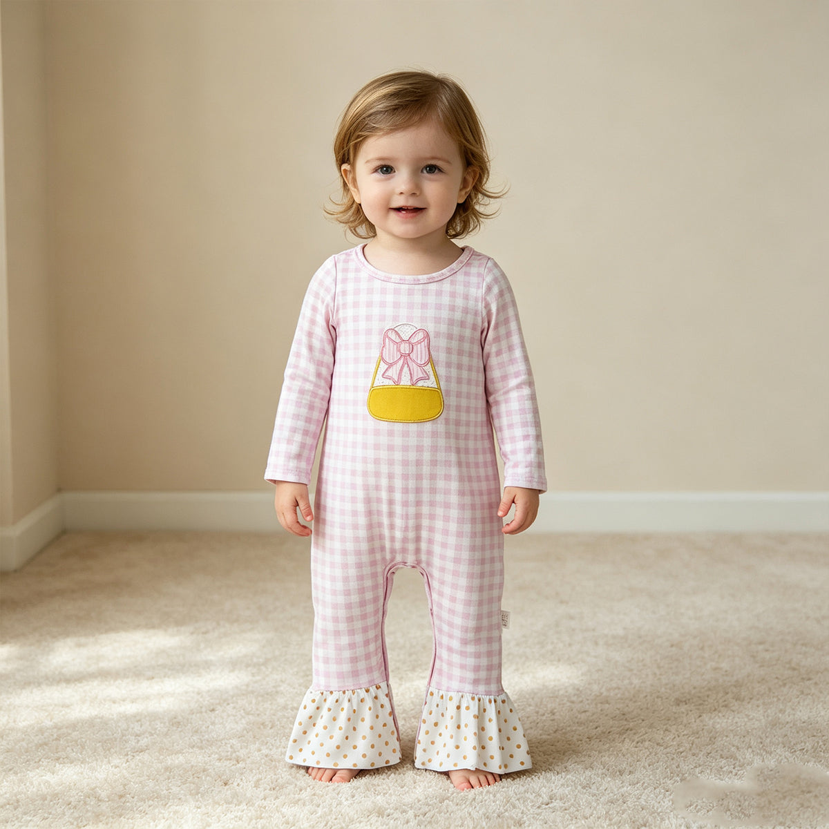 NEW RTS NO MOQ milk silk LR3022 Embroidery Bows Candy Baby Girls Pink Checked Halloween Ruffle Pant Rompers