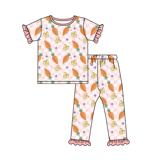 X12.16 Preorder (moq 5)Baby Girls Peach Checked Carrots Bows Top Ruffle Pants Easter Pajamas Sets
