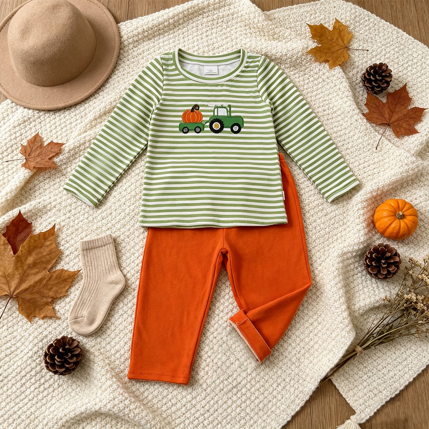 NEW RTS NO MOQ milk silk BLP1441 Embroidery Baby Boys Green Stripe Pumpkin Truck Embroidery Top Pant Fall Holiday Sets