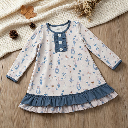 NEW RTS NO MOQ milk silk GLD0874 Baby Girls Blue Pink Soldier Dancers Button Ruffle Knee Length Dresses