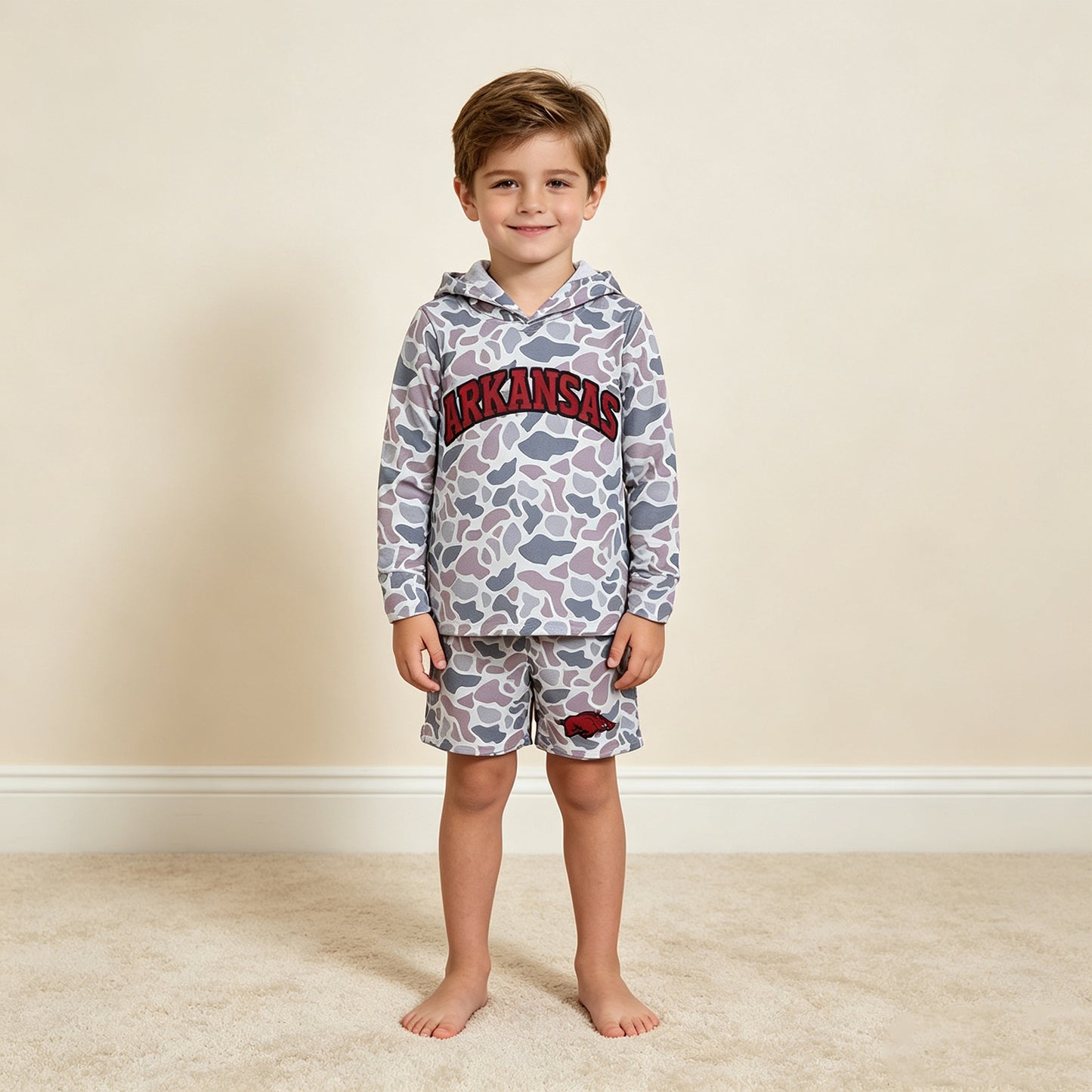 NEW RTS NO MOQ milk silk BLS0046 Baby Boys Light Grey Camo Arkansas Long Sleeve Hoodie Pockets Short Team Clothes Set
