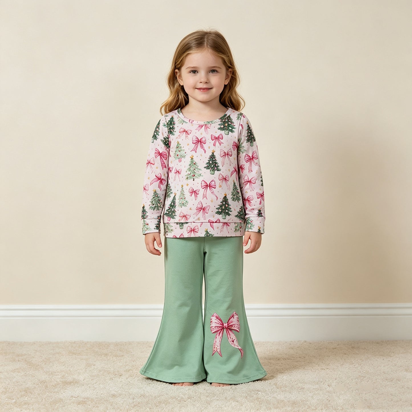 NEW RTS NO MOQ milk silk GLP3539 Baby Girls Christmas Tree Bow Print Long Sleeve Top Flare Pants Christmas Casual Outfit