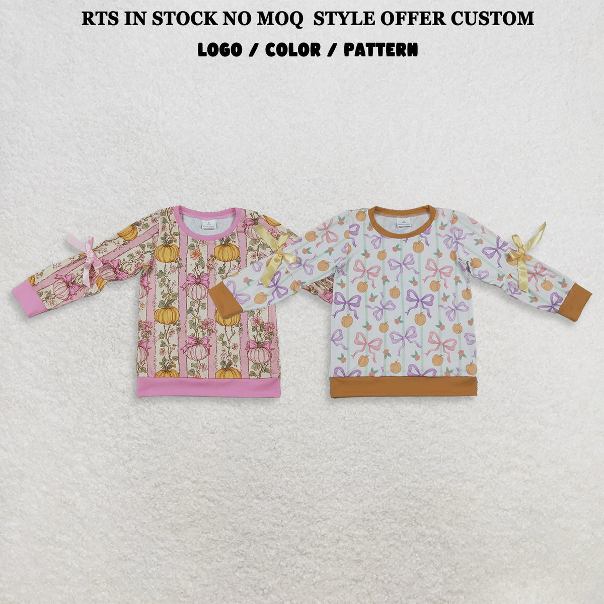 RTS NO MOQ Sibling milk silk Baby Girls Long Sleeve Colorful Stripe Bows Pumpkins Fall T-shirt Top