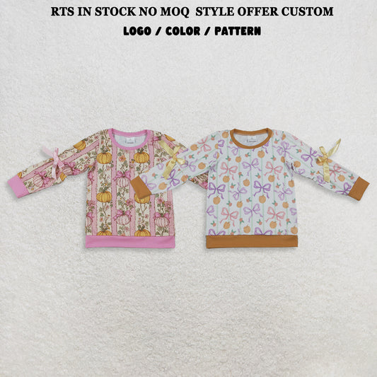 RTS NO MOQ Sibling milk silk Baby Girls Long Sleeve Colorful Stripe Bows Pumpkins Fall T-shirt Top