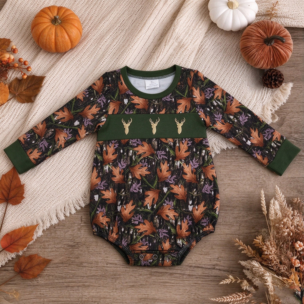 NEW RTS NO MOQ milk silk LR2729 Embroidery Deer Baby Boys Green Leaves Camo Bows Hunting Rompers