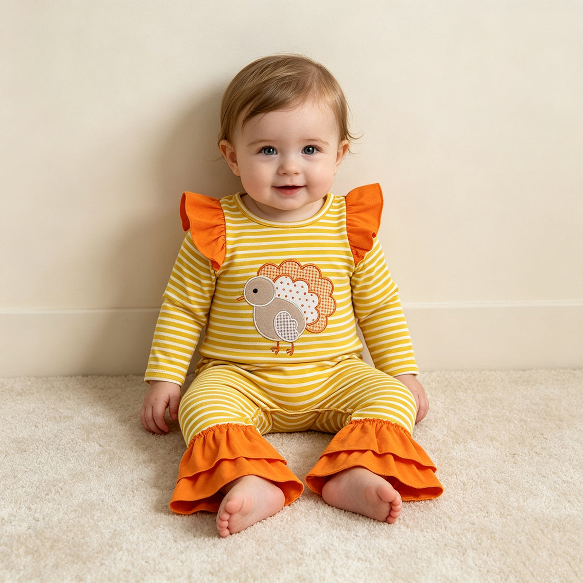 NEW RTS NO MOQ milk silk LR3144 Embroidery Turkey Baby Girls Orange Stripe Thanksgivings Ruffle Pant Rompers