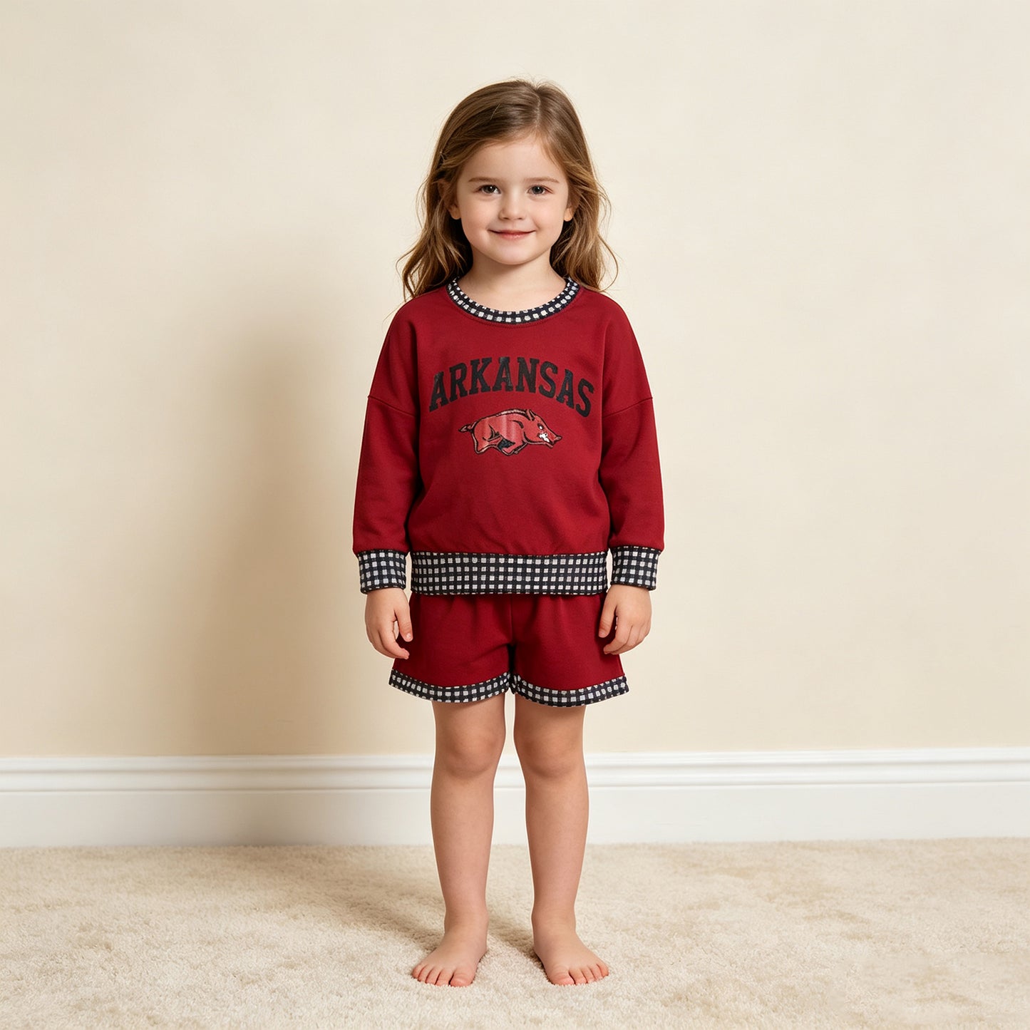 NEW RTS NO MOQ Vinyl GLS0167 Baby Boys Red Long Sleeve Top Short Team Clothes Set