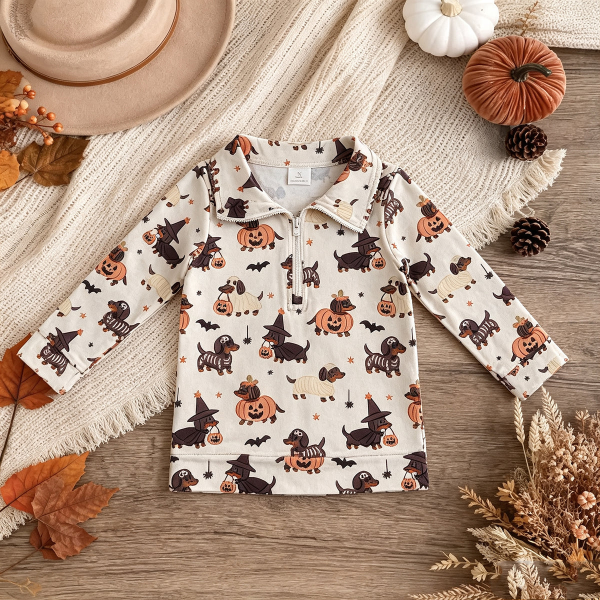 NEW RTS NO MOQ milk silk BT1896 Baby Boys Long Sleeve Ghost Pumpkins Dogs Halloween Zip Pullovers Top