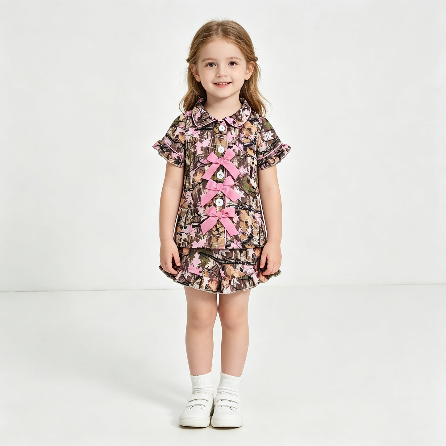 NEW RTS NO MOQ milk silk GSSO3364 Baby Girls Western Hunting Leaves Camo Button Ruffle Shorts Two Piece Pajama Sets