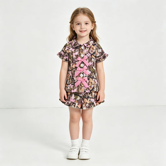 NEW RTS NO MOQ milk silk GSSO3364 Baby Girls Western Hunting Leaves Camo Button Ruffle Shorts Two Piece Pajama Sets