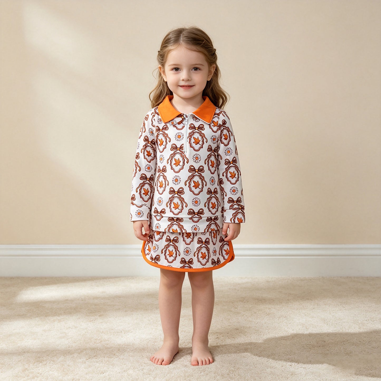 NEW RTS NO MOQ milk silk GLD1602 Baby Girls Long Sleeve Bow Leaf Print Zip Pullover Top Skirt Set