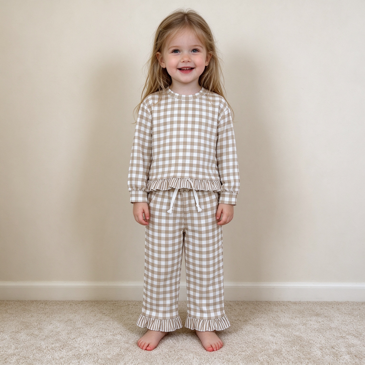 NEW RTS NO MOQ milk silk GLP3674 Baby Girls Long Sleeve Khaki Checked Top Pockets Ruffle Pant Clothes Set