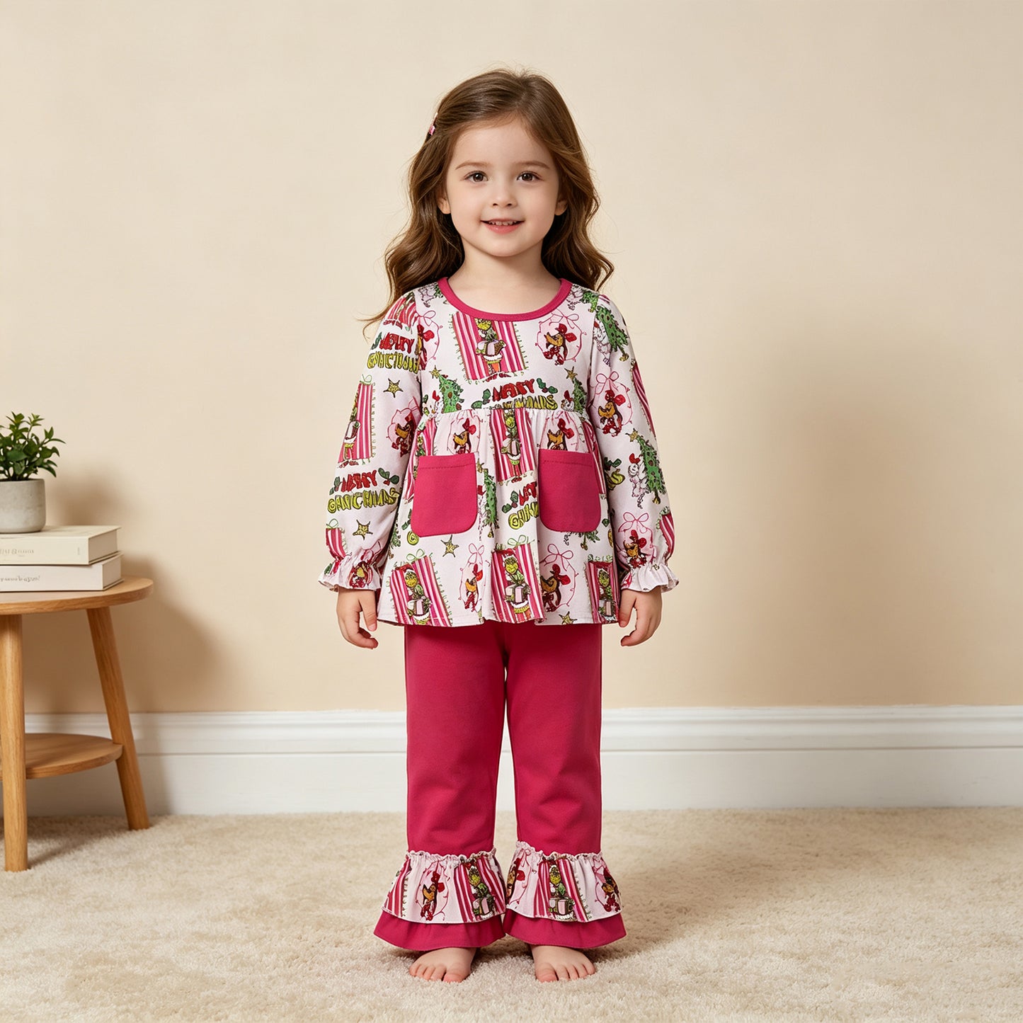 NEW RTS NO MOQ milk silk GLP3461 Cute Clothes Baby Girls Christmas Print Long Sleeve Pocket Tunic Elastic Waist Ruffle Hem Pants Holiday Outfit