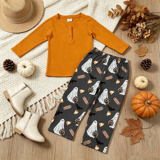 NEW RTS NO MOQ milk silk BLP1546 Baby Boys Orange Button Top Ghosts Pumpkins Pant Halloween Clothes Set