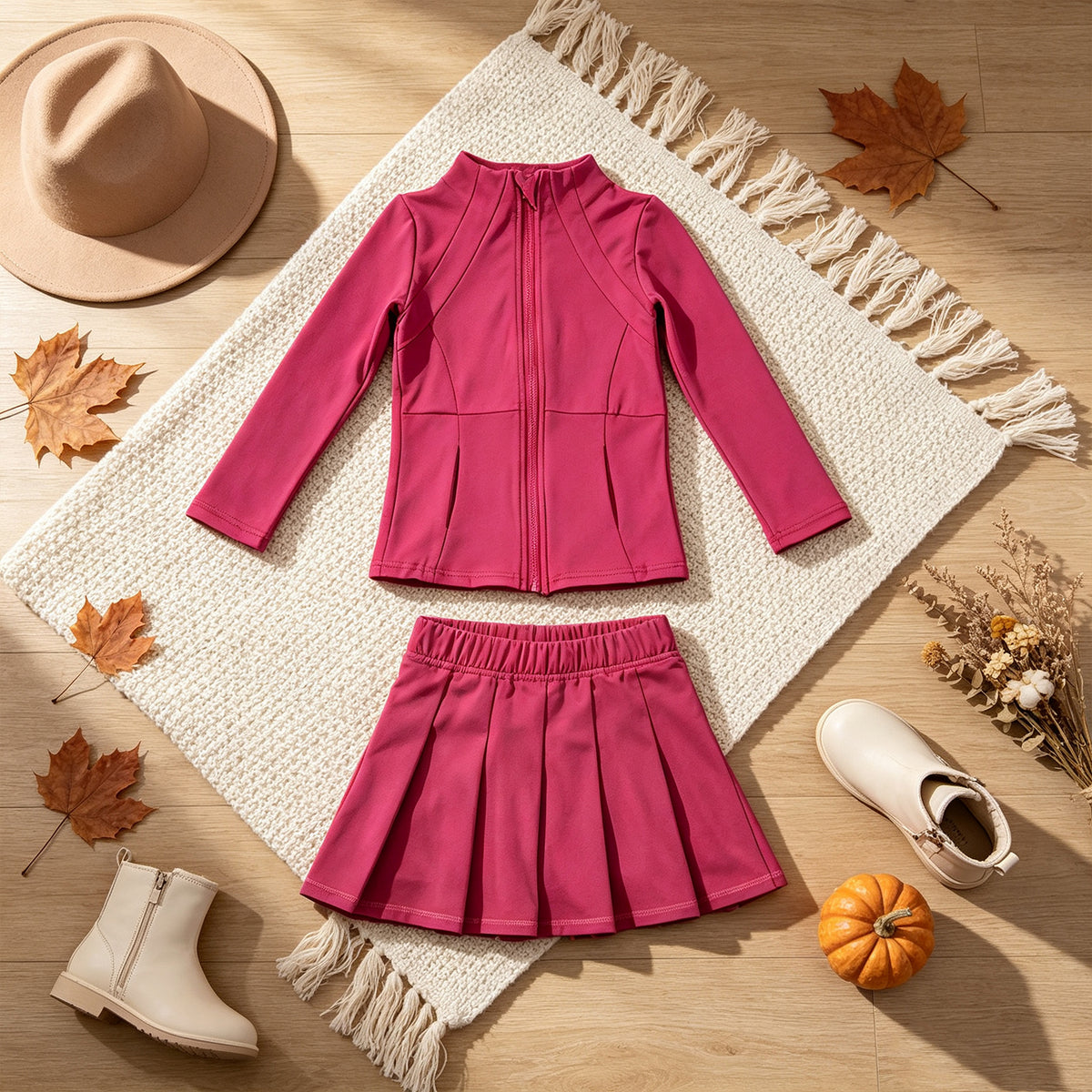 NEW RTS NO MOQ yoga fabric cotton GLD1703 （GT1802+GLK0079）Yoga Girls Hot pink Zip Long Sleeve Top Skorts Bottom Pleated Skirts Yoga Set
