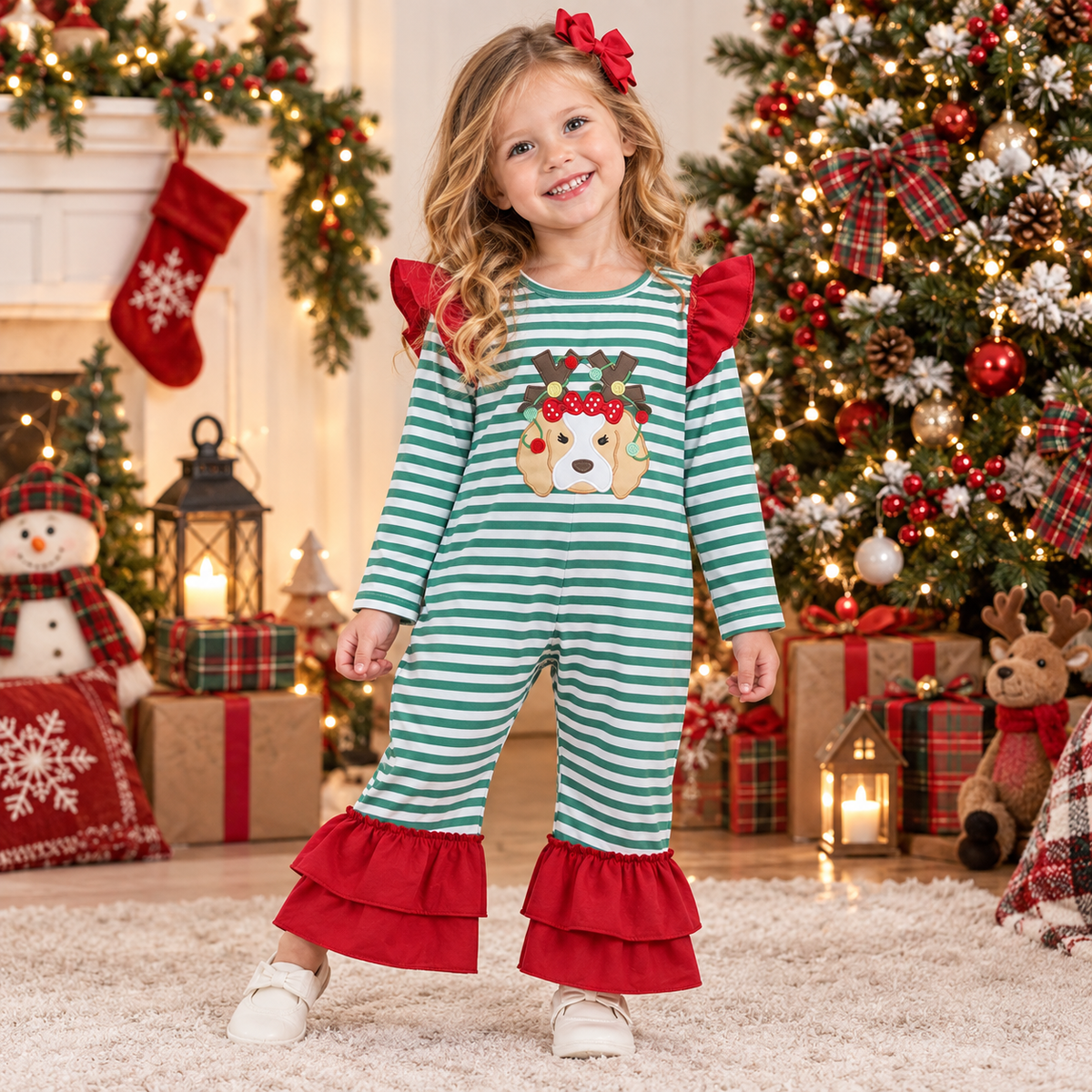 NEW RTS NO MOQ milk silk LR3145 Embroidery Lights Dog Baby Girls Green Stripe Christmas Ruffle Pant Rompers