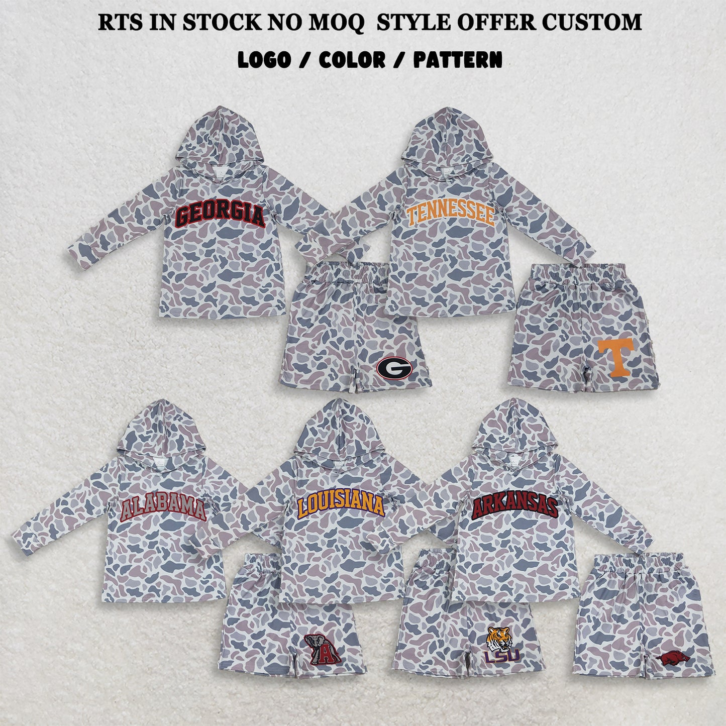 RTS NO MOQ Sibling Baby Boys Light Grey Camo Long Sleeve Hoodie Pockets Short Team Clothes Set