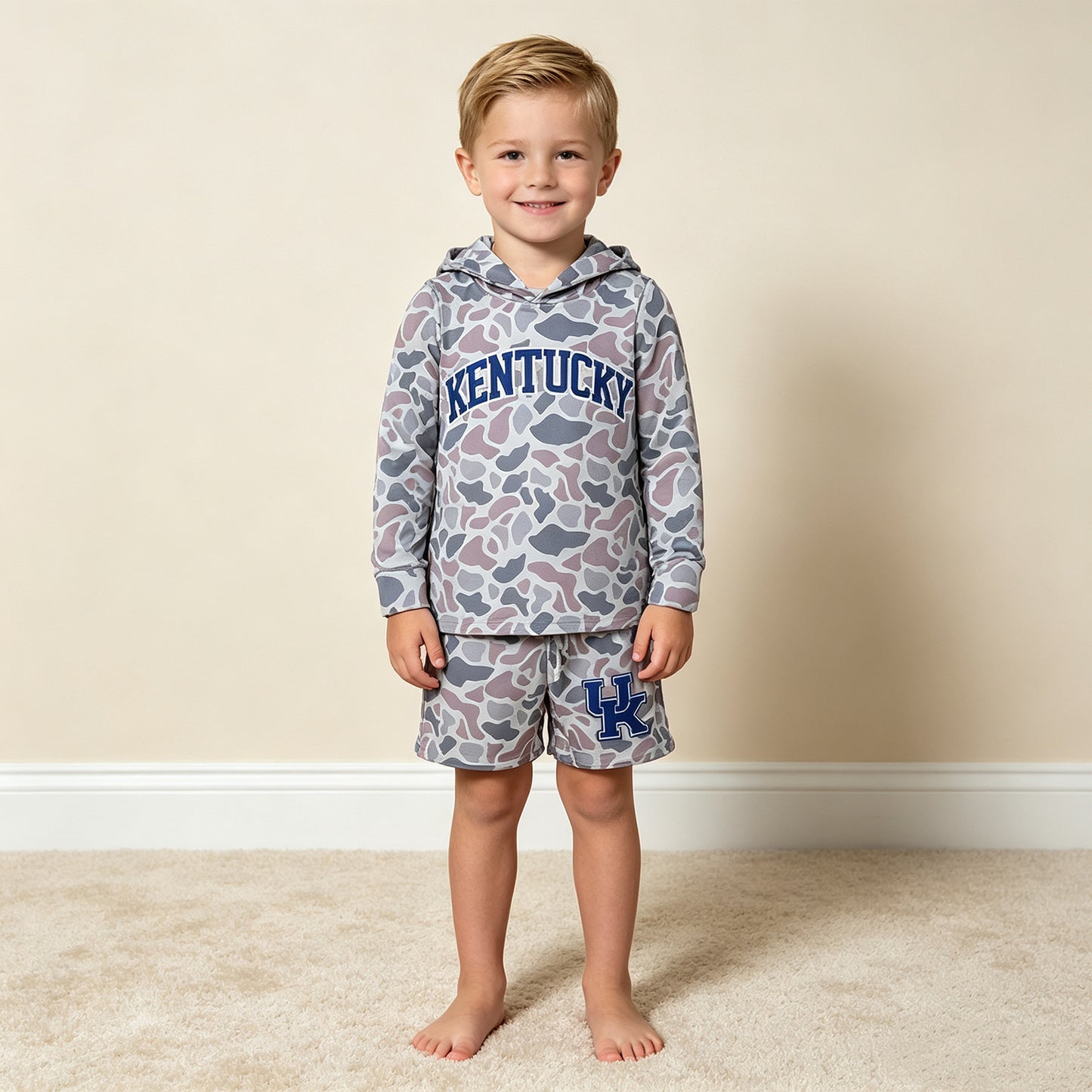 NEW RTS NO MOQ milk silk BLS0043 Baby Boys Light Grey Camo Kentucky Long Sleeve Hoodie Pockets Short Team Clothes Set