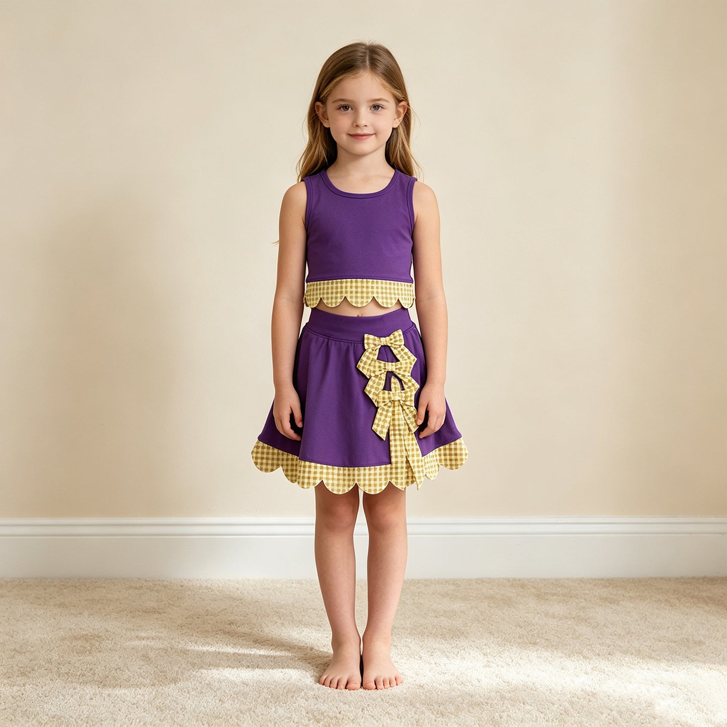 NEW RTS NO MOQ Yoga GSD4267 Baby Girls Purple Gold Vest Bows Skirt Short Yoga Active Scallop Clothes Set