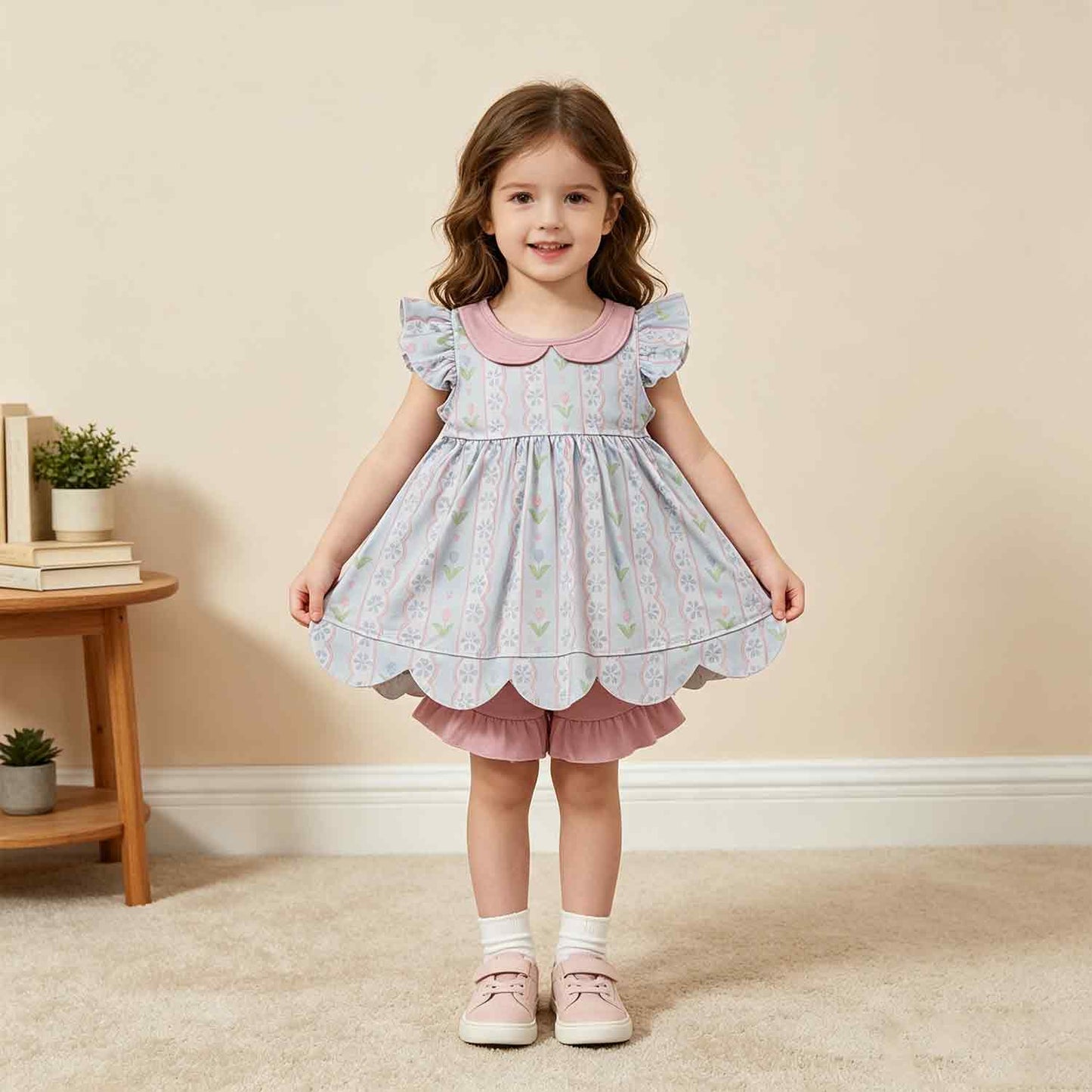 RTS No moq milk silk GSSO3490 Baby Girls Flowers Stripe Collar Scallop Tunic Ruffle Short Clothes Sets