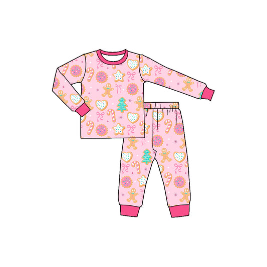 X902Preorder (moq 5)Baby Girls Christmas Pink Gingerbread Trees Shirts Pants Pajamas Sets