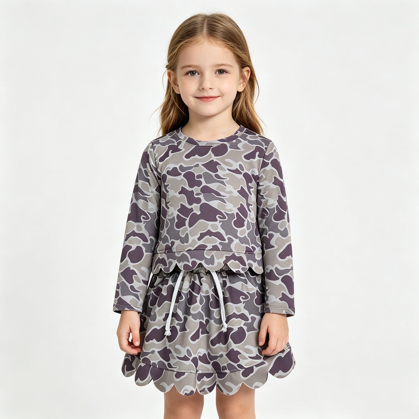NEW RTS NO MOQ milk silk GLD1614（GT1685+GLK0297 ）Baby Girls Long Sleeve Southern Grey Camo Top Skirt Short Scallop Clothes Set