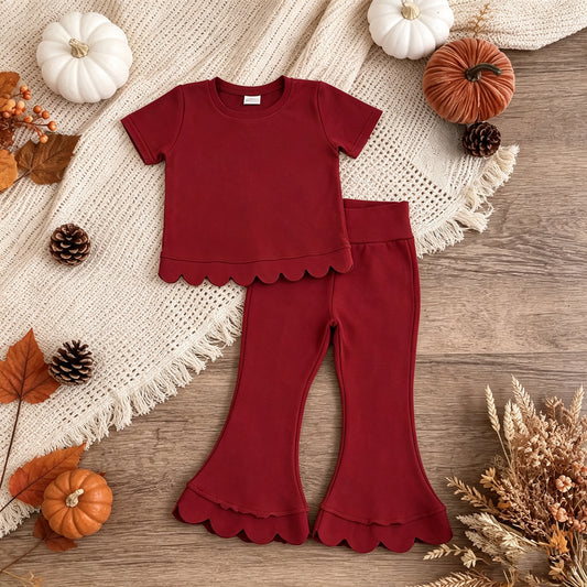 NEW RTS NO MOQ cotton GSPO2344（GT1774+P1082）Baby Girls Maroon Short Sleeve Shirts Top Flare Pant Scallop Sets