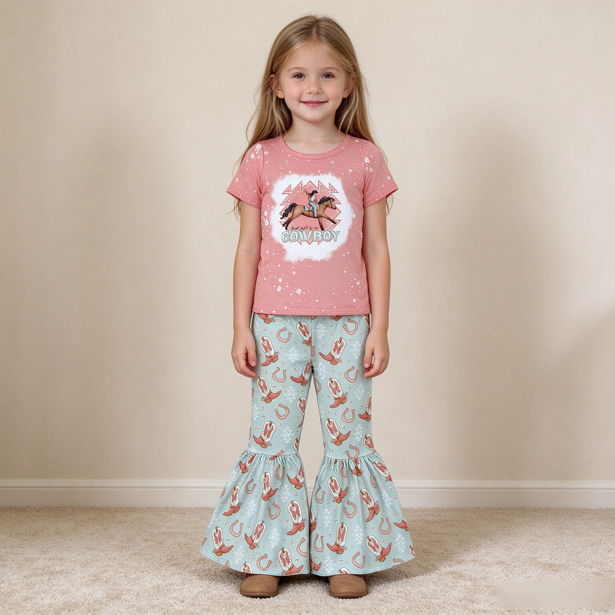 NEW RTS NO MOQ GSPO1571 Baby Girls Cowboy Rodeo Boots Top Bell Bottom Pants Western Clothes Sets
