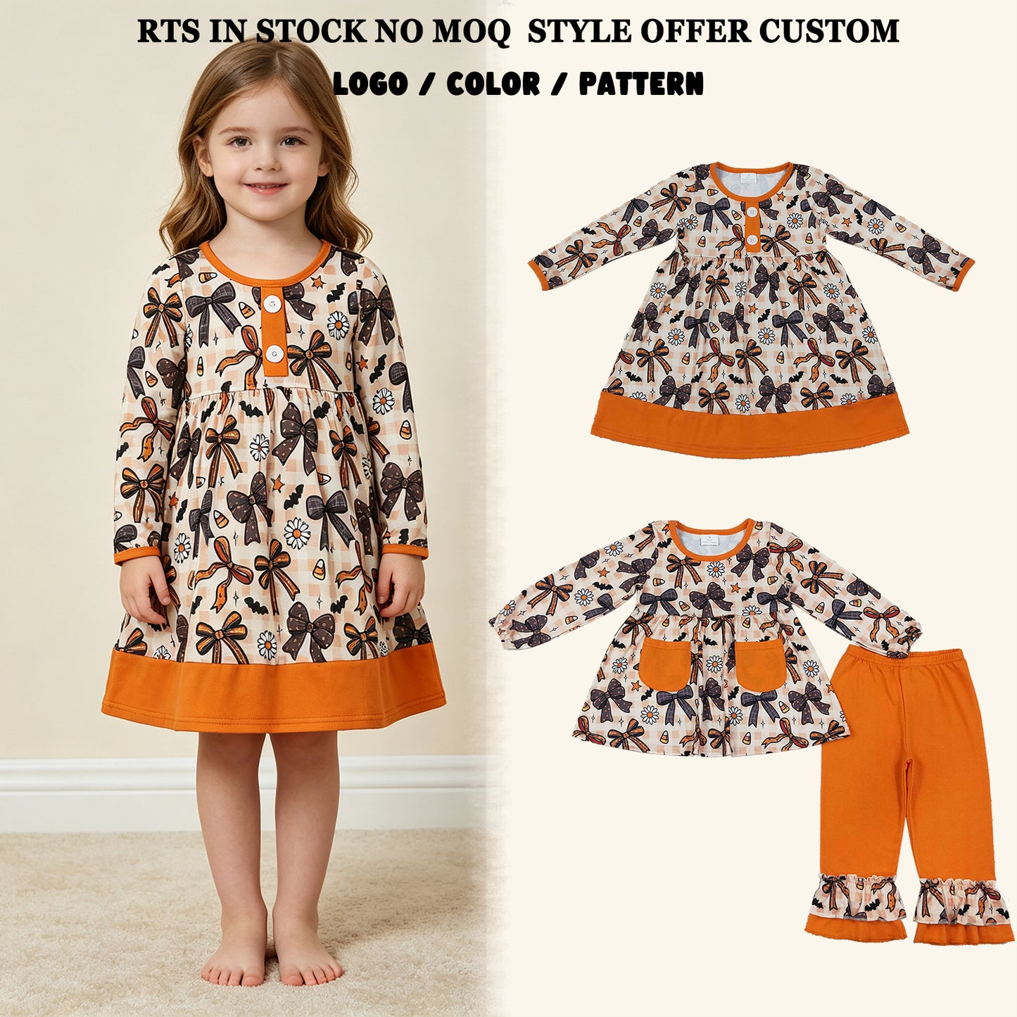 RTS NO MOQ Sibling milk silk Baby Girls Bats Flowers Pockets Tunic Ruffle Pant Halloweens Clothes Sets Fall Holiday Outfit Dress