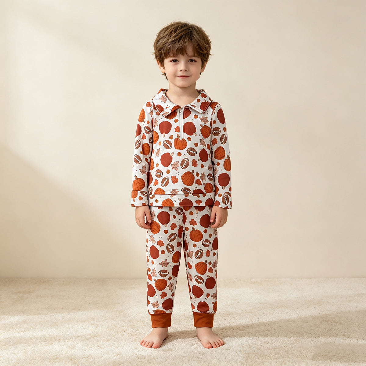 NEW RTS NO MOQ milk silk BT1894+P1197 Baby Boys Long Sleeve Pumpkins Footballs Fall Zip Pullovers pants sets