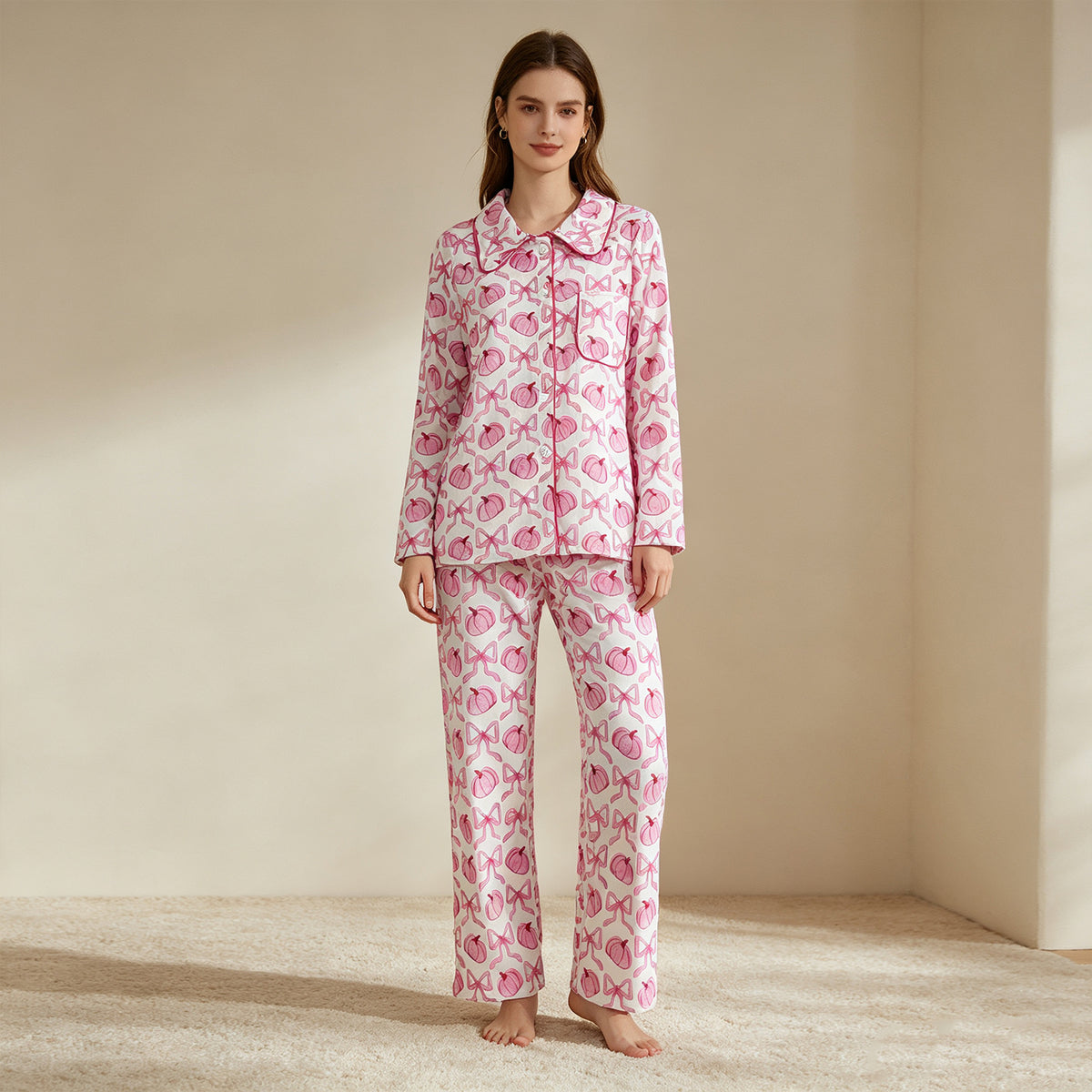 NEW RTS NO MOQ milk silk GLP3423 Adult Women Bows Pumpkins Button Top Pockets Pant Fall Pajamas Sets