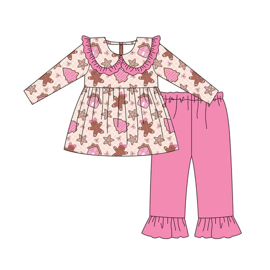 7.9Preorder (moq 5)Baby Girls Long Sleeves Pink Gingerbread Trees Tunic Ruffle Pant Clothes Set