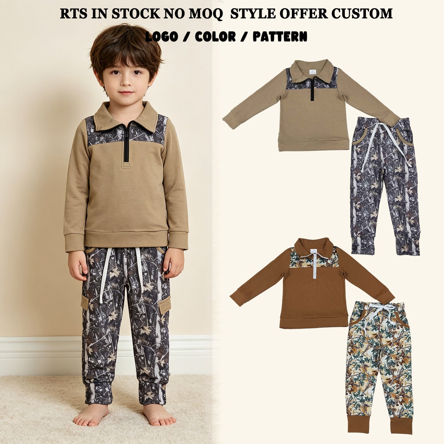 RTS NO MOQ Sibling milk silk Baby Boys Zip Pullover Leaves Pockets Jogger Clothes Set