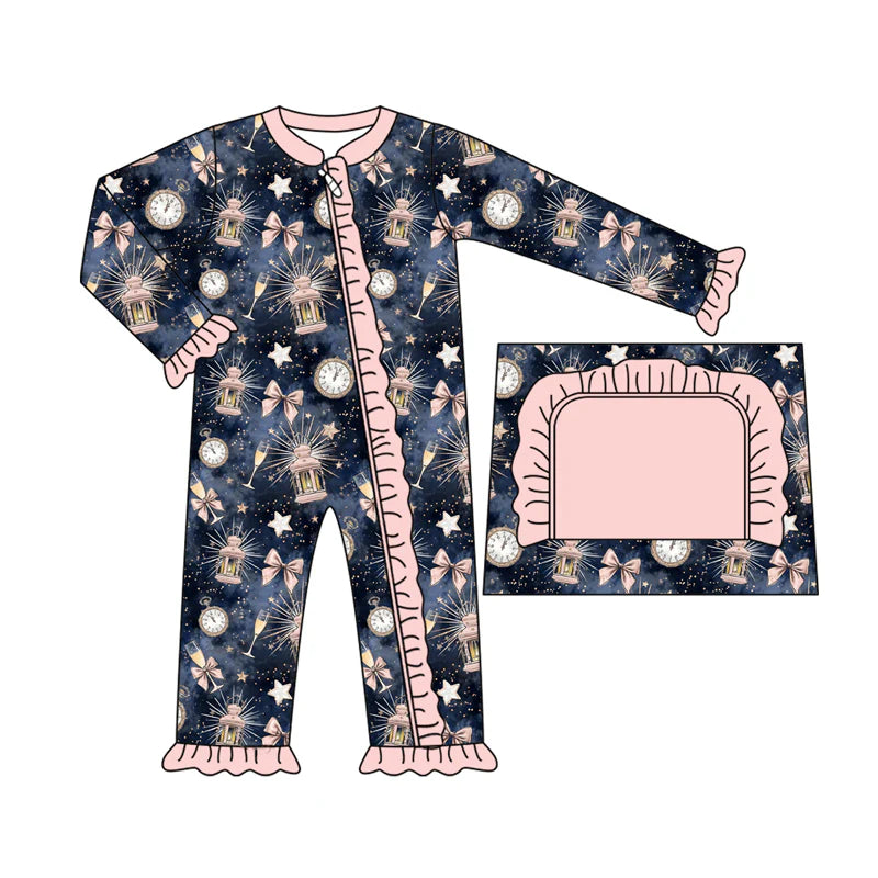7.19Preorder(moq 5)Baby Kids Hot Blue Bows Key Stars Ruffle Zipper Pant Rompers