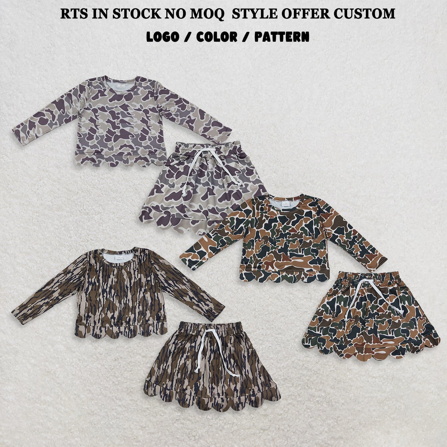 RTS NO MOQ Sibling milk silk Baby Girls Camo Top Skirt Short Scallop Clothes Set